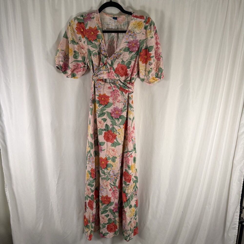 Old Navy Linen Blend Maxi Dress Women's Small Pink Floral Wrap Top Puff Sleeve - Picture 1 of 9